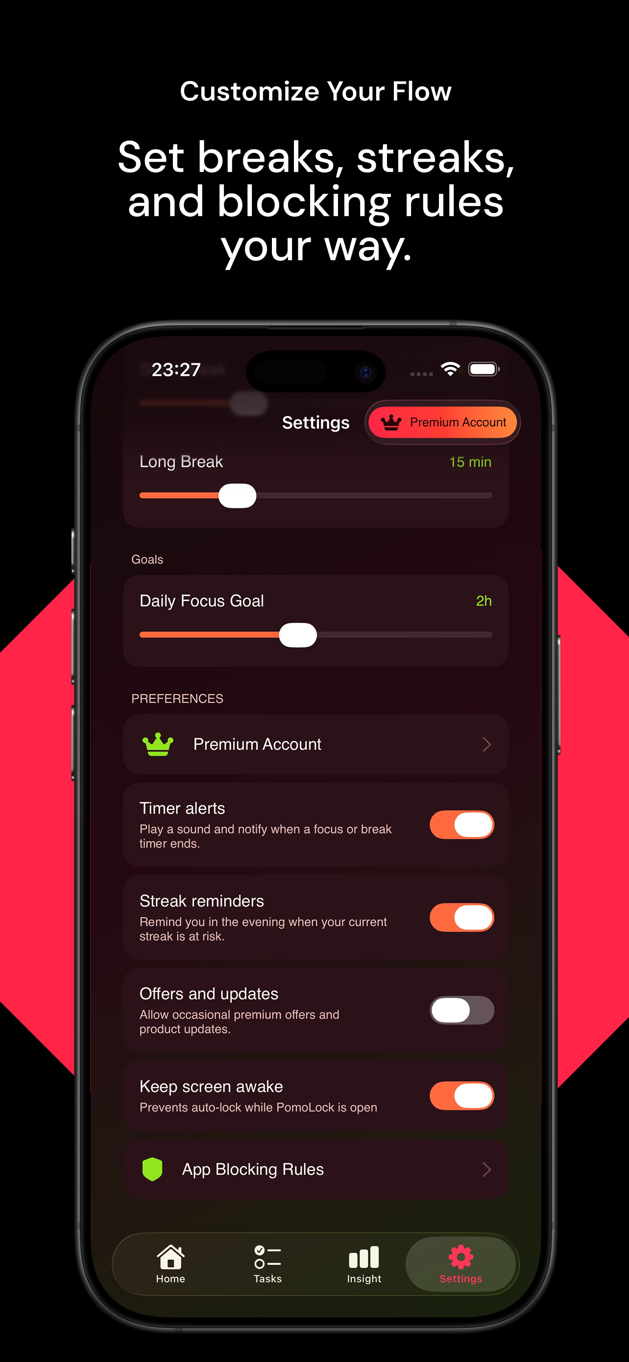 Timer settings and blocking rules screenshot